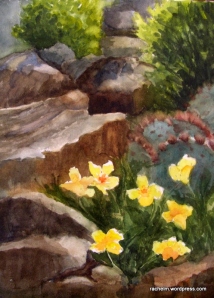 Watercolor of rocks and flowers by Rachel Murphree