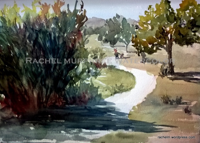Morning dog walk.  watercolor by Rachel Murphree