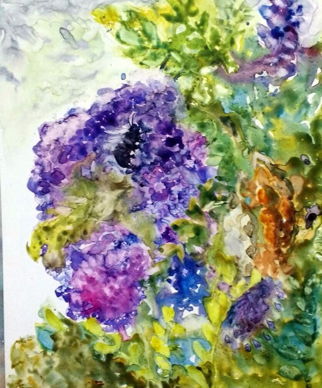Buzzing in the Mountain Laurel #2. Watercolor on Yupo